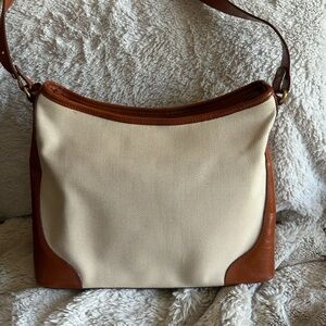 Brahmin cream and tan canvas and leather crossbody bag